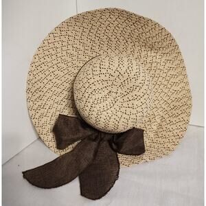 Ladies Two-Toned Summer Floppy Hat w/Sheer Brown Bow